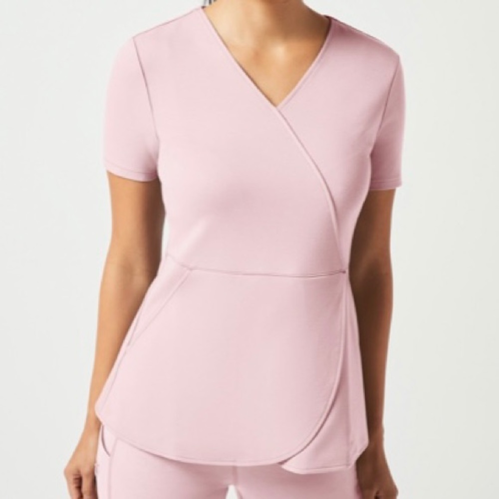 Jaanuu Scrub Set Blushing Pink Mock Wrap Tulip Top & Skinny High Waist Yoga Pant